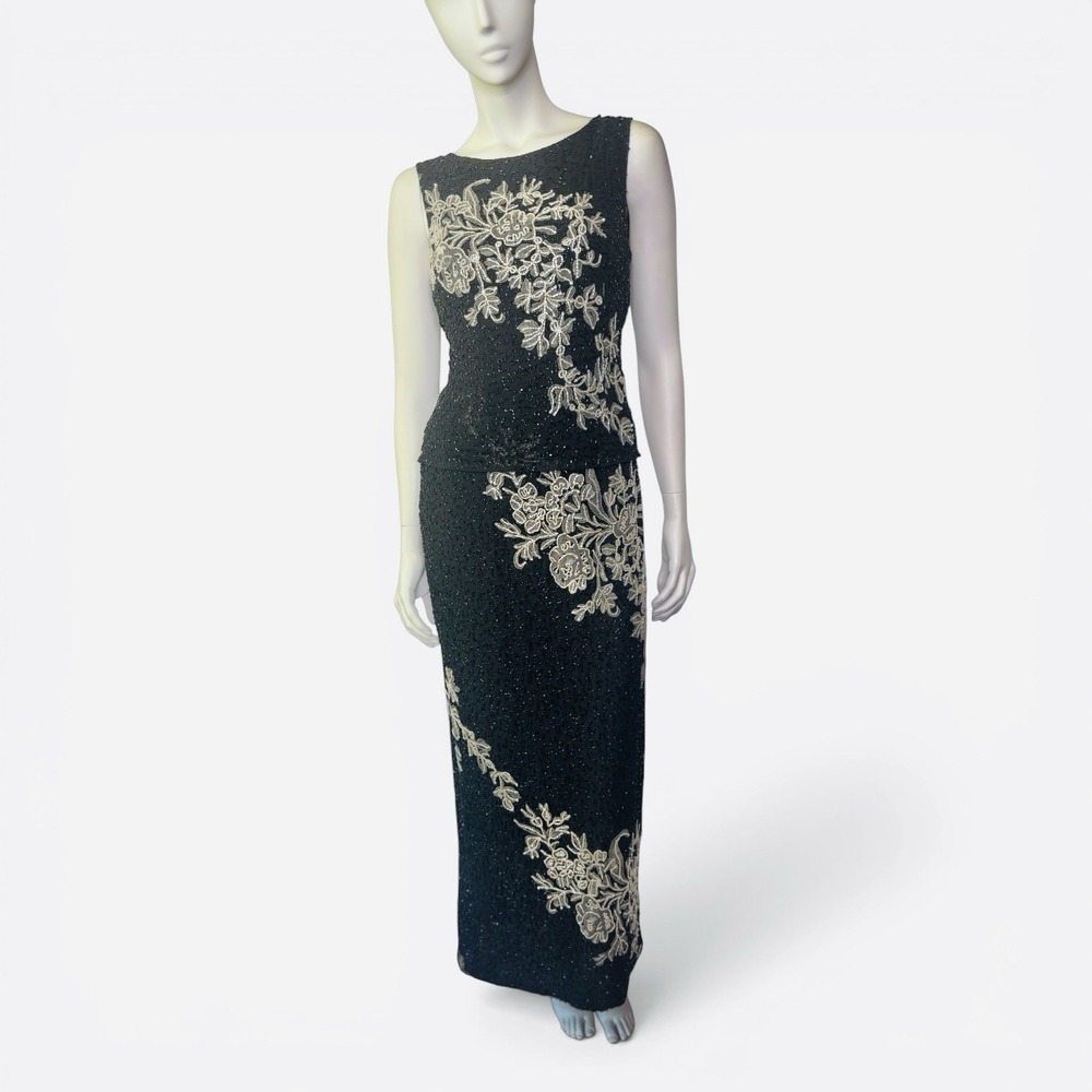 VTG Stenay Black And Cream Heavily Beaded And Sequin Maxi Gown Dress